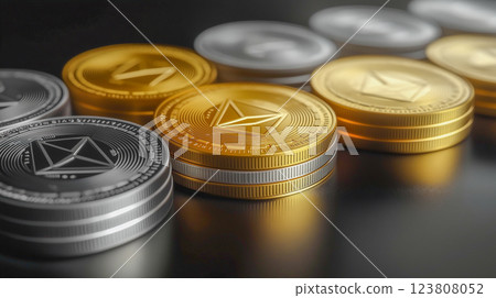Digital coins in silver and gold colors arranged on a surface showcasing modern cryptocurrency trends 123808052