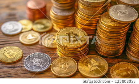 Stacked cryptocurrency coins including Bitcoin and Ethereum with metal coins on wooden surface 123808055