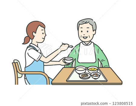 一名護理人員和一名協助用餐的老人的插圖 123808515