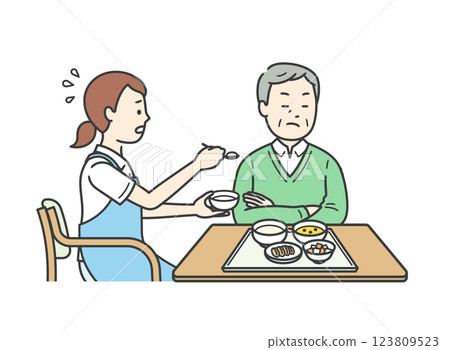 圖:一名護理人員協助用餐,一名老人拒絕用餐 圖:一名護理人員協助用餐,一名老人拒絕用餐 123809523