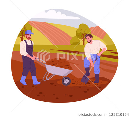 Agriculture workers gardening. Male farmers dig ground and carry soil on cart, harvesting and husbandry flat vector illustration. Cartoon characters work with soil 123810134