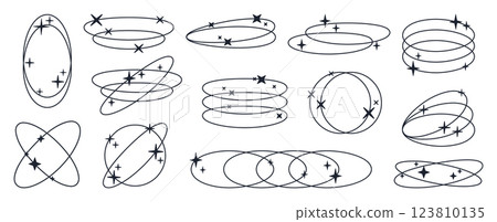 Brutalist ellipse frames. Abstract y2k oval shapes with stars and sparkles, old school Y2K frames flat vector illustration set. Minimalist brutalism aesthetic elements 123810135