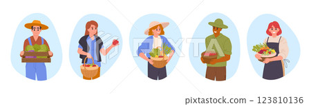 Cartoon farmers characters. Agricultural people carrying baskets and boxes with with harvest, fresh fruits and vegetables flat vector illustration set. Farm workers with harvesting crop 123810136