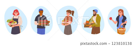 Farm workers with harvesting crop. Cartoon agricultural people carrying baskets and boxes with with harvest, fresh fruits and vegetables flat vector illustration set. Farmers characters Farm workers with harvesting crop. Cartoon agricultural people carrying baskets and boxes with with harvest, fresh fruits and vegetables flat vector illustration set. Farmers characters 123810138
