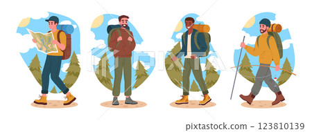 Hiking male tourists. Walking man group, trekking and backpacking characters outdoor adventure flat vector illustration set. Active guys hiking on wild nature trail 123810139