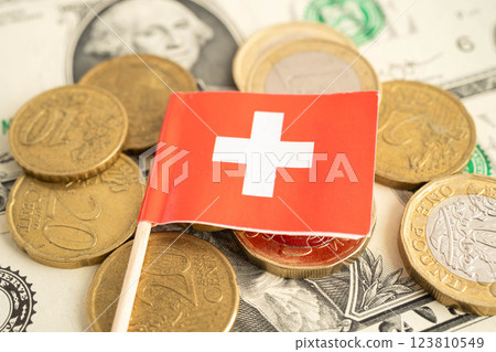 Switzerland flag on coin and banknote money, finance trading investment business currency. Switzerland flag on coin and banknote money, finance trading investment business currency. 123810549
