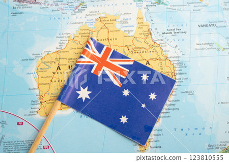 Bangkok, Thailand November, 2024 Australia flag on world map. Bangkok, Thailand November, 2024 Australia flag on world map. 123810555