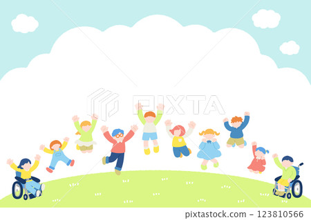 Flat illustrations (set) of children jumping happily outside 123810566