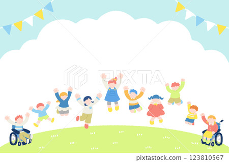 Flat illustrations (set) of children jumping happily outside 123810567