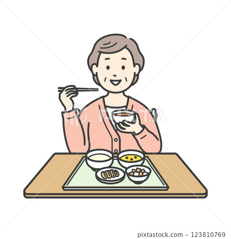 一位微笑的老年婦女正在吃飯的上半身插圖 123810769