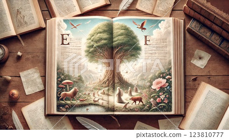 一本舊書中的插圖,描繪了動物聚集在一棵大樹周圍 一本舊書中的插圖,描繪了動物聚集在一棵大樹周圍 123810777