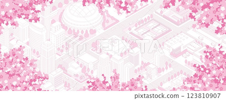 春季城市景觀插圖,櫻花盛開。 春季城市景觀插圖,櫻花盛開。 123810907