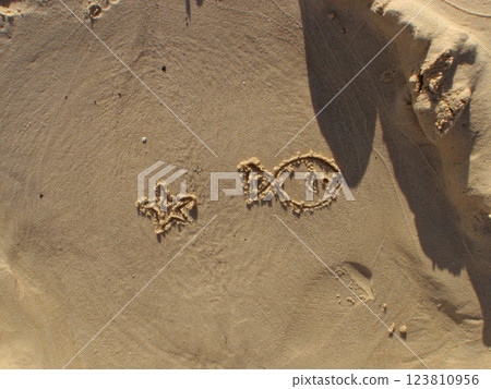 Starfish and fish painted on sand at Moreton Island, Brisbane, Queensland, Australia 123810956