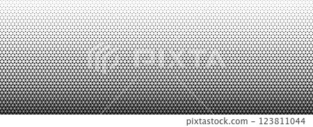 Triangle halftone gradient texture. Black geometric triangular tech pattern background. Abstract fading gradation wallpaper. Regular mosaic pop art backdrop for poster, banner, booklet. Vector Triangle halftone gradient texture. Black geometric triangular tech pattern background. Abstract fading gradation wallpaper. Regular mosaic pop art backdrop for poster, banner, booklet. Vector 123811044