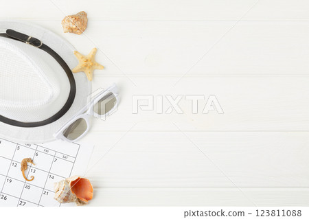 Calendar sheet with marine souvenirs. 123811088