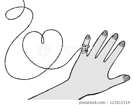 A red thread tied to the pinky finger of a woman's left hand 123811314