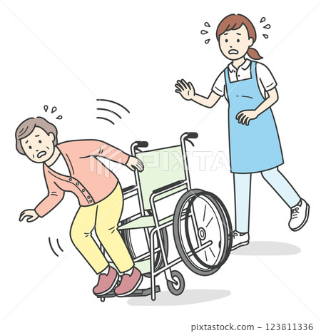 坐在輪椅上的老婦即將跌倒，護理人員衝過去扶她 123811336