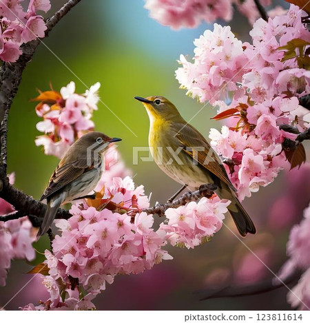 一隻夜鶯棲息在盛開的櫻花樹上 123811614