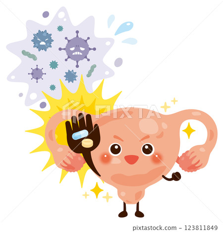 Character illustration of a uterus recovering after treating a virus with medicine Character illustration of a uterus recovering after treating a virus with medicine 123811849