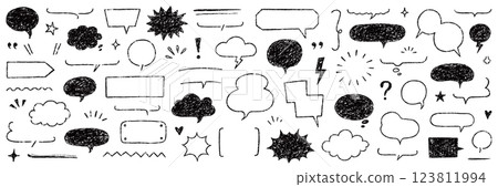 Speech bubble text frame dialog cloud hand drawn set. Crayon chalk doodle talk speech bubble frame. Hand drawn line chalk frame, think balloon, children doodle text cloud icon. Vector illustration. Speech bubble text frame dialog cloud hand drawn set. Crayon chalk doodle talk speech bubble frame. Hand drawn line chalk frame, think balloon, children doodle text cloud icon. Vector illustration. 123811994