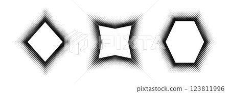 Black halftone geometric frame set. Dotted gradient border collection. Pop art comic picture holder design for banner template, copy space, emblem, poster element. Vector rasterized geo framing pack Black halftone geometric frame set. Dotted gradient border collection. Pop art comic picture holder design for banner template, copy space, emblem, poster element. Vector rasterized geo framing pack 123811996