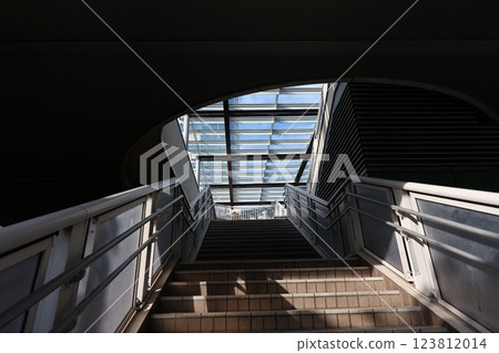 Stairway Leading to a Modern Street with Glass Railing, Tokyo Dec 5 2024 123812014