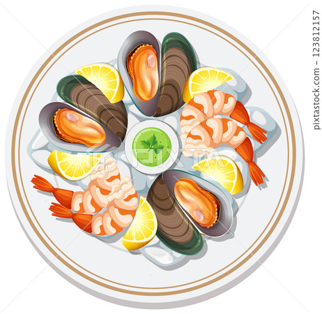 Delicious Seafood Platter with Lemon Garnish 123812157