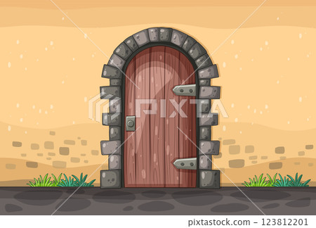 Rustic Wooden Door in Stone Wall 123812201