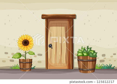Rustic Door with Sunflower and Plants 123812217