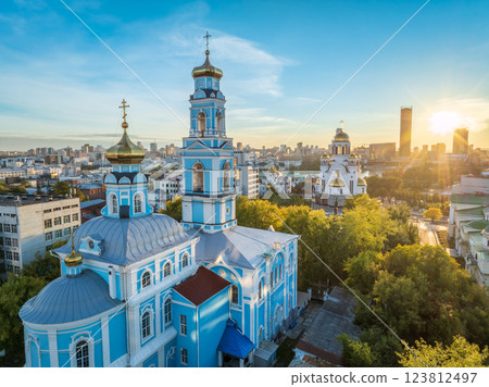 Summer Yekaterinburg, Temple of the Ascension and Temple on Blood in beautiful clear sunset. 123812497