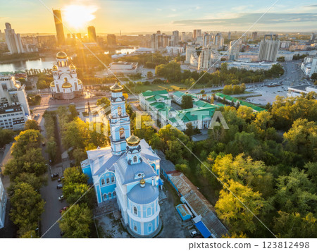 Summer Yekaterinburg, Temple of the Ascension and Temple on Blood in beautiful clear sunset. 123812498
