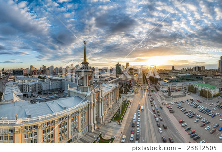 Yekaterinburg City Administration or City Hall and Central square at summer evening. Evening city in the summer sunset, Aerial View. Yekaterinburg City Administration or City Hall and Central square at summer evening. Evening city in the summer sunset, Aerial View. 123812505