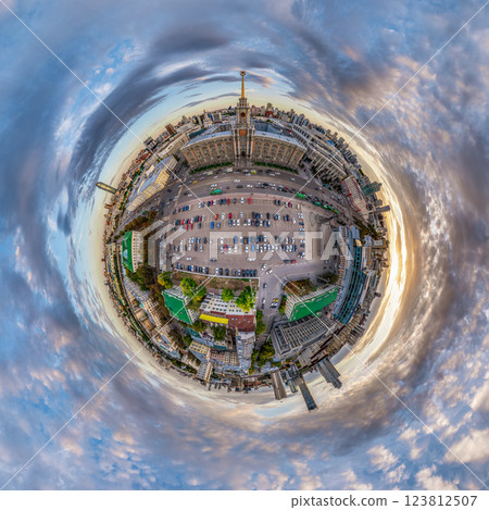 Yekaterinburg City Administration or City Hall and Central square at summer evening. Evening city in the summer sunset, Aerial View. Little planet sphere mode. 123812507