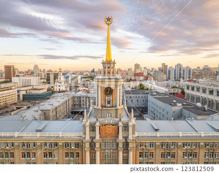 Yekaterinburg City Administration or City Hall and Central square at summer evening. Evening city in the summer sunset, Aerial View. 123812509