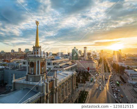 Yekaterinburg City Administration or City Hall and Central square at summer evening. Evening city in the summer sunset, Aerial View. Yekaterinburg City Administration or City Hall and Central square at summer evening. Evening city in the summer sunset, Aerial View. 123812515