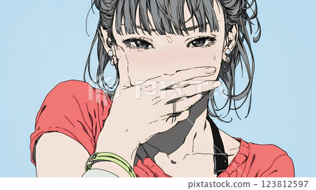 A young woman is so embarrassed by her mistake that she instinctively covers her mouth with her hand A young woman is so embarrassed by her mistake that she instinctively covers her mouth with her hand 123812597
