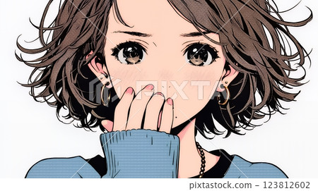 A young woman is so embarrassed by her mistake that she instinctively covers her mouth with her hand 123812602