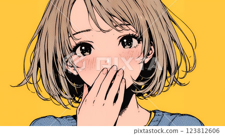 一名年輕女子因自己的錯誤而感到十分尷尬，她本能地用手摀住了嘴 123812606