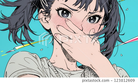 一名年輕女子因自己的錯誤而感到十分尷尬，她本能地用手摀住了嘴 123812609