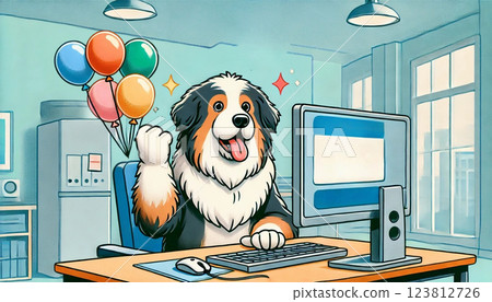 Dog pumping its fist in front of a computer Bernese Mountain Dog Manga Generative AI Dog pumping its fist in front of a computer Bernese Mountain Dog Manga Generative AI 123812726