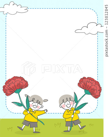 Illustrations of children with carnation flowers and background frames in the fields 123812845