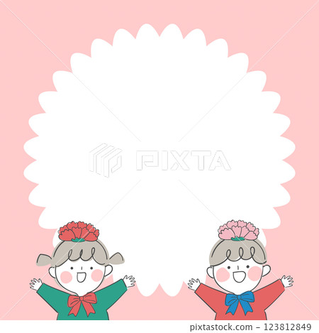 Frame illustration of children with carnation flower headbands Frame illustration of children with carnation flower headbands 123812849