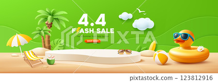 Summer flash sale podium, Duck yellow shaped inflatable ring, beach umbrella, coconut tree, banner design Summer flash sale podium, Duck yellow shaped inflatable ring, beach umbrella, coconut tree, banner design 123812916