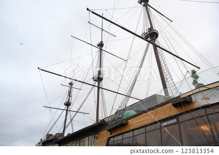 Masts of a sailing ship against the gloomy sky of autumn St. Petersburg, Russia 123813354