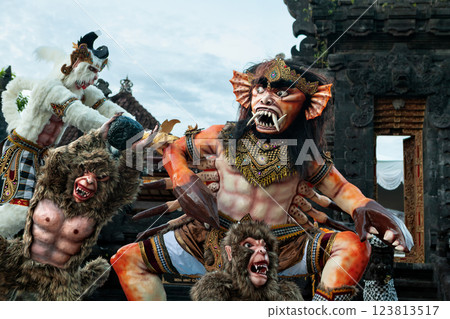 Traditional demon ogoh-ogoh at ritual parade of terrible monsters - Ngrupuk, which is held in evening of Nyepi - Balinese New Year before silence day. Arts and culture of Bali island people. 123813517