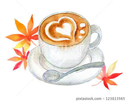 水彩插圖：拿鐵藝術與秋葉 123813565