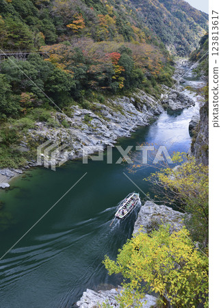 A sightseeing boat sailing up Oboke Gorge amid autumn leaves A sightseeing boat sailing up Oboke Gorge amid autumn leaves 123813617