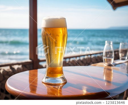 Beer at a cafe with a sea view 123813646