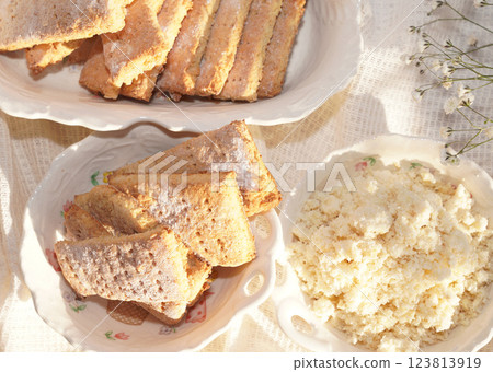 Home made soy cookies or okara cookies on white cloth. Healthy food. Home made soy cookies or okara cookies on white cloth. Healthy food. 123813919