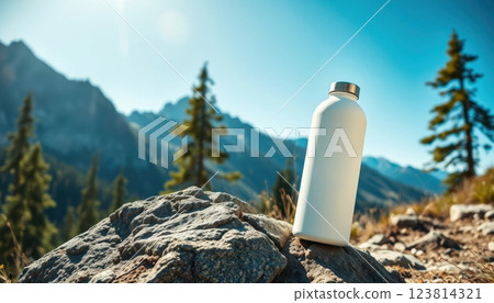 A water bottle placed on a rocky surface with towering mountains in the background, showcasing the essence of hydration during an outdoor adventure	 123814321